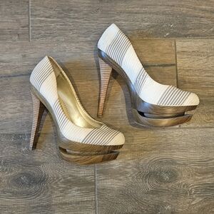 Jessica Simpson Striped Cream and Tan Heels